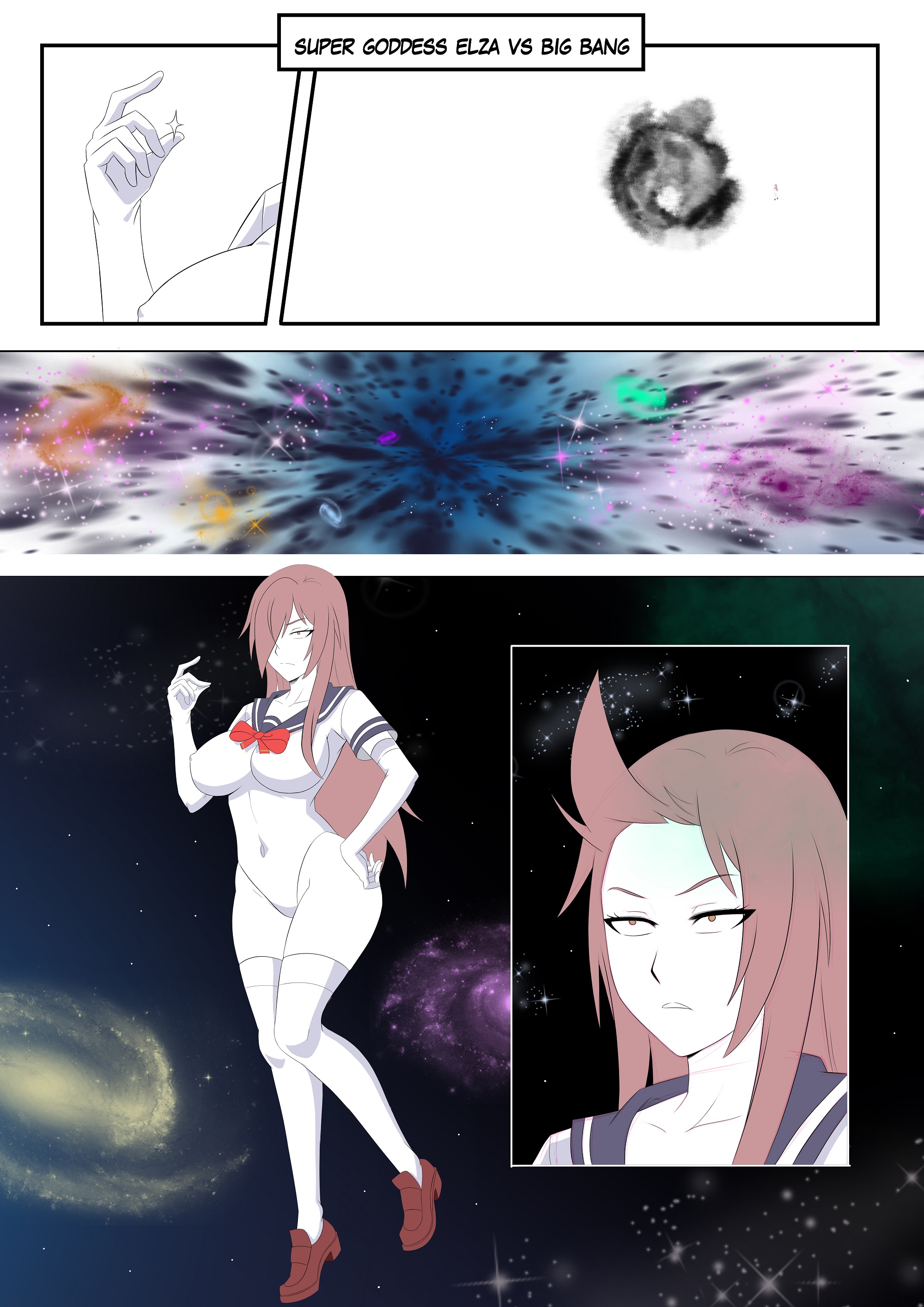 In a white void, Elza snaps her fingers, initiating a Big Bang right on top of her.  Stars and galaxies spontaneously come into existence right on top of her... but still leaving her unharmed--save for her bangs covering her right eye being thrown out of place.